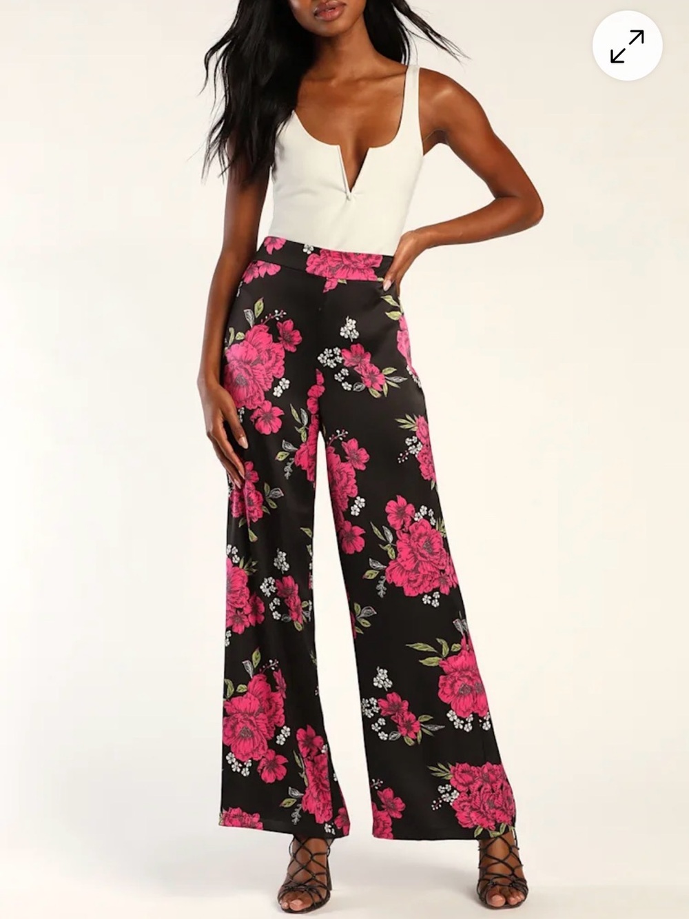 Lulus Thriving Vibes Black Floral Satin Wide Leg Pants